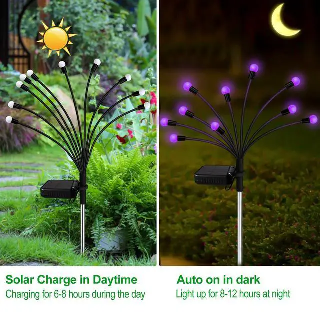 Alt view image 2 of 7 - Solar Garden Lights Outdoor, 2 Pack 16 LED Solar Purple Firefly Lights Waterproof, Starburst Wind Swaying Light for Outside Yard Patio Planter Flower Bed Walkway Halloween Christmas Decoration