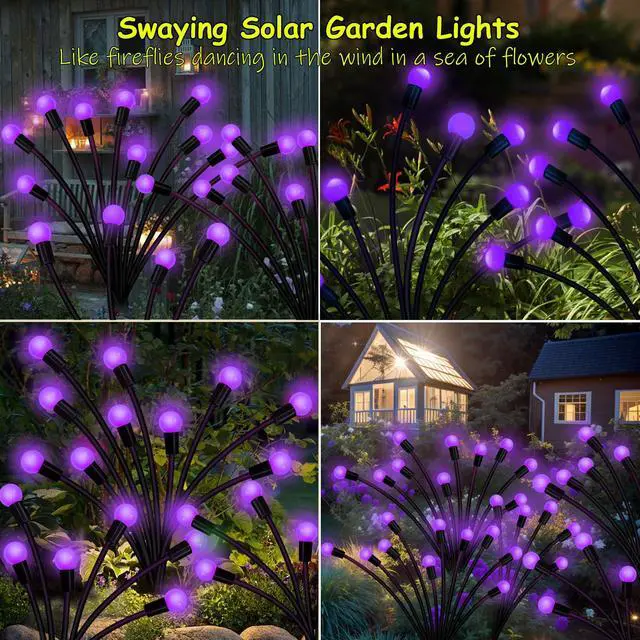 Alt view image 3 of 7 - Solar Garden Lights Outdoor, 2 Pack 16 LED Solar Purple Firefly Lights Waterproof, Starburst Wind Swaying Light for Outside Yard Patio Planter Flower Bed Walkway Halloween Christmas Decoration