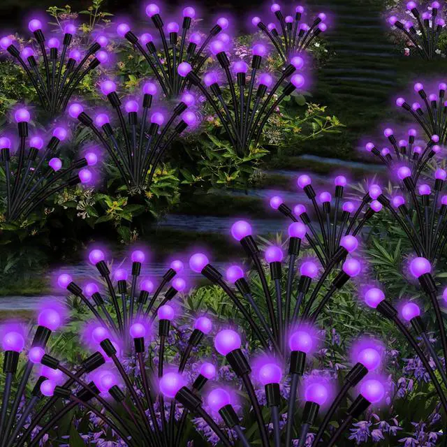 Alt view image 4 of 7 - Solar Garden Lights Outdoor, 2 Pack 16 LED Solar Purple Firefly Lights Waterproof, Starburst Wind Swaying Light for Outside Yard Patio Planter Flower Bed Walkway Halloween Christmas Decoration