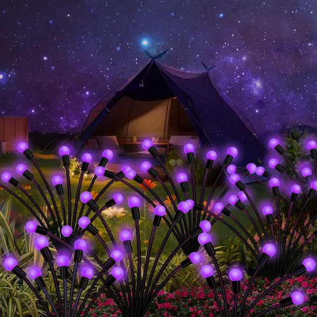 Alt view image 5 of 7 - Solar Garden Lights Outdoor, 2 Pack 16 LED Solar Purple Firefly Lights Waterproof, Starburst Wind Swaying Light for Outside Yard Patio Planter Flower Bed Walkway Halloween Christmas Decoration