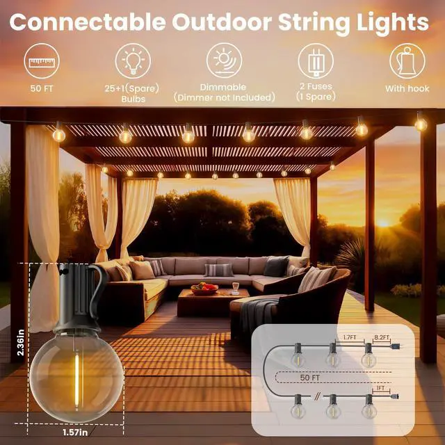 Alt view image 2 of 7 - Outdoor String Lights 50 FT, Patio Light 26pcs Waterproof LED Bulbs | Shatterproof G40 Bulbs,Dimmable Connectable Outside Hanging Globe Lighting for Cafe, Bistro, Market, Balcony, Porch
