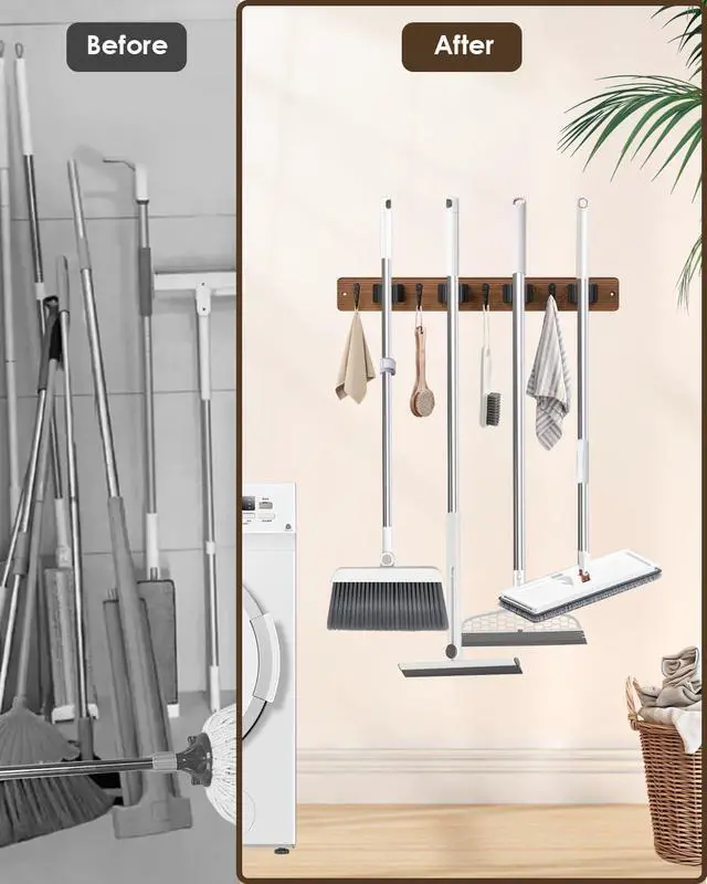 Alt view image 2 of 7 - Broom Holder Wall Mount, 4 Holders 4 Hooks Mop and Broom Organizer | Mop Holder Wall Mount and Broom Hanger for Garage, Laundry Room, Kitchen and Utility Storage