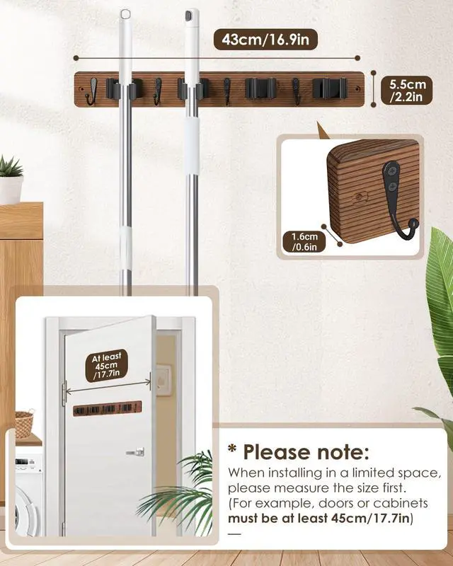 Alt view image 4 of 7 - Broom Holder Wall Mount, 4 Holders 4 Hooks Mop and Broom Organizer | Mop Holder Wall Mount and Broom Hanger for Garage, Laundry Room, Kitchen and Utility Storage