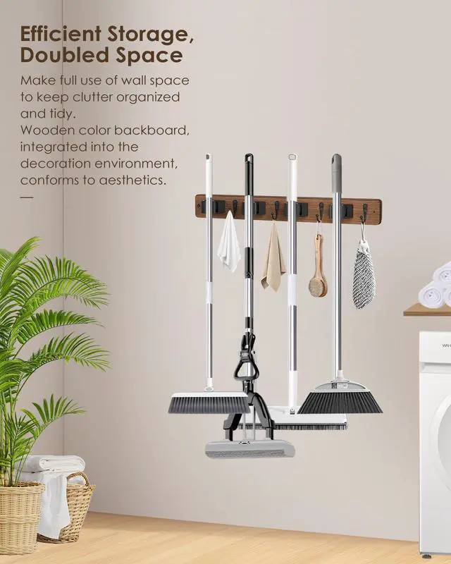 Alt view image 5 of 7 - Broom Holder Wall Mount, 4 Holders 4 Hooks Mop and Broom Organizer | Mop Holder Wall Mount and Broom Hanger for Garage, Laundry Room, Kitchen and Utility Storage