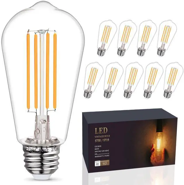 Main image of 10-Pack Shatter Resistant LED Edison Light Bulbs 60W Equivalent | Dimmable ST58 Vintage Light Bulbs, E26 Medium Base, 6W, 800LM, 2700K, 80+ CRI, Antique Decorative Filament LED Bulb
