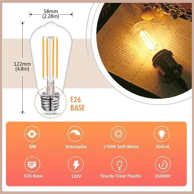 Alt view image 3 of 7 - 10-Pack Shatter Resistant LED Edison Light Bulbs 60W Equivalent | Dimmable ST58 Vintage Light Bulbs, E26 Medium Base, 6W, 800LM, 2700K, 80+ CRI, Antique Decorative Filament LED Bulb