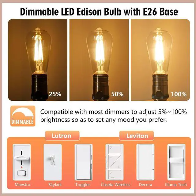 Alt view image 4 of 7 - 10-Pack Shatter Resistant LED Edison Light Bulbs 60W Equivalent | Dimmable ST58 Vintage Light Bulbs, E26 Medium Base, 6W, 800LM, 2700K, 80+ CRI, Antique Decorative Filament LED Bulb