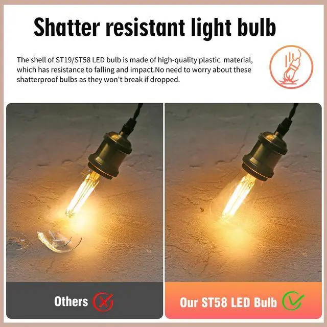 Alt view image 5 of 7 - 10-Pack Shatter Resistant LED Edison Light Bulbs 60W Equivalent | Dimmable ST58 Vintage Light Bulbs, E26 Medium Base, 6W, 800LM, 2700K, 80+ CRI, Antique Decorative Filament LED Bulb