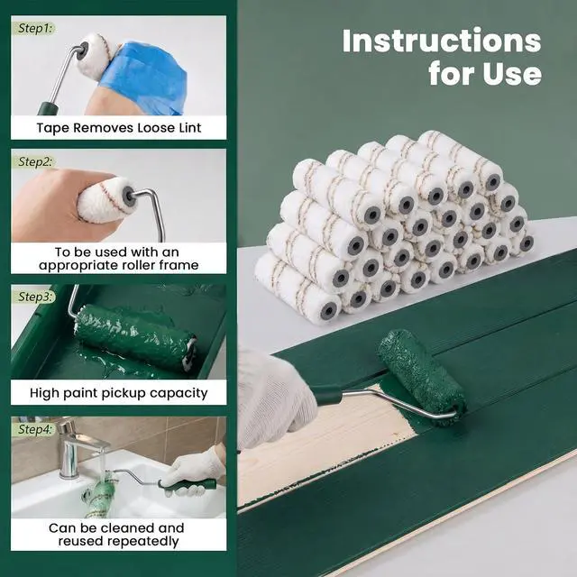 Alt view image 5 of 7 - 40 Pack 4 Inch Microfiber Paint Roller Covers with Frame | Mini Rollers for Smooth Finish on Walls, Railings and Tight Spaces. Washable, Reusable and Lint-Free