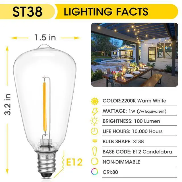 Alt view image 2 of 7 - E12 Base ST38 LED Replacement Bulbs for Outdoor String Lights | Not Solar, Vinatge 1W LED Shatterproof Light Bulb, Warm White 2200K