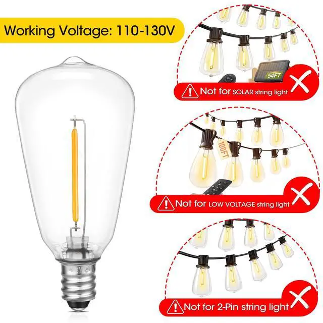 Alt view image 3 of 7 - E12 Base ST38 LED Replacement Bulbs for Outdoor String Lights | Not Solar, Vinatge 1W LED Shatterproof Light Bulb, Warm White 2200K