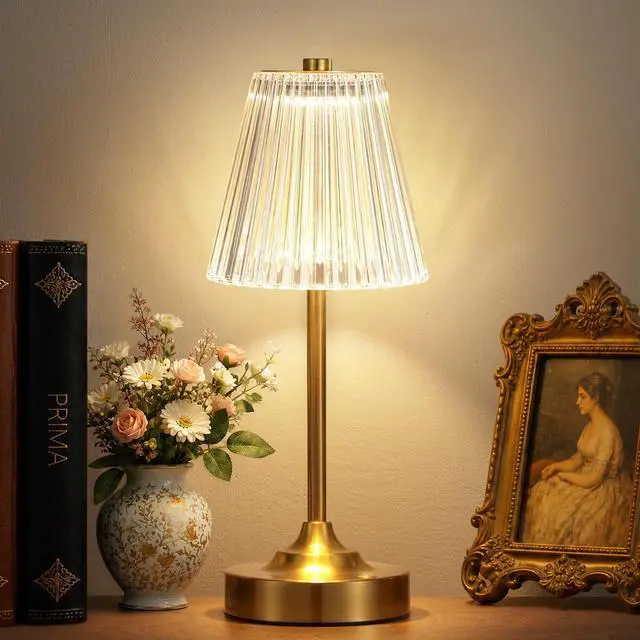 Main image of Gold Cordless Rechargeable Table Lamp, Battery Operated, Crystal, Small | Brass, Touch Control, 3 Color, 4000mAh Long-Lasting, Vintage Ambient Night Light for Kitchen, Desk, Bedroom, Living Room