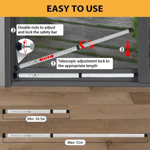 Alt view image 5 of 7 - Sliding Door Security Bar, 18.5-51 inch Adjustable Patio Door Security bar with Rubber Tips, Multi-use Window Security Bars, Sliding Door Stopper, White, 2 Pack