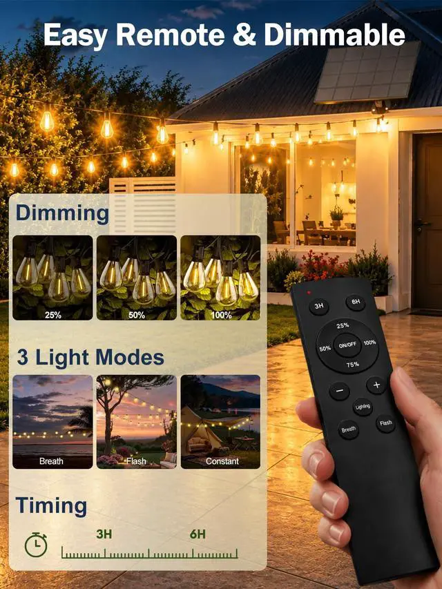 Alt view image 3 of 7 - 50FT Solar String Lights Outdoor, Dimmable Patio Lights Solar Powered with Remote & USB Port 18+1 LED Shatterproof Bulbs 3 Light Modes, Waterproof Solar Light for Camping Backyard Garden