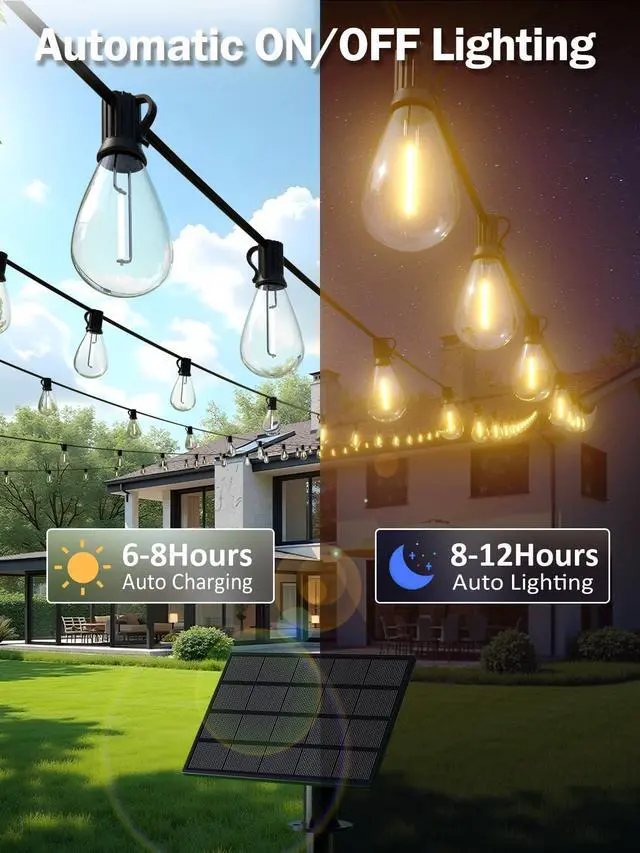 Alt view image 4 of 7 - 50FT Solar String Lights Outdoor, Dimmable Patio Lights Solar Powered with Remote & USB Port 18+1 LED Shatterproof Bulbs 3 Light Modes, Waterproof Solar Light for Camping Backyard Garden