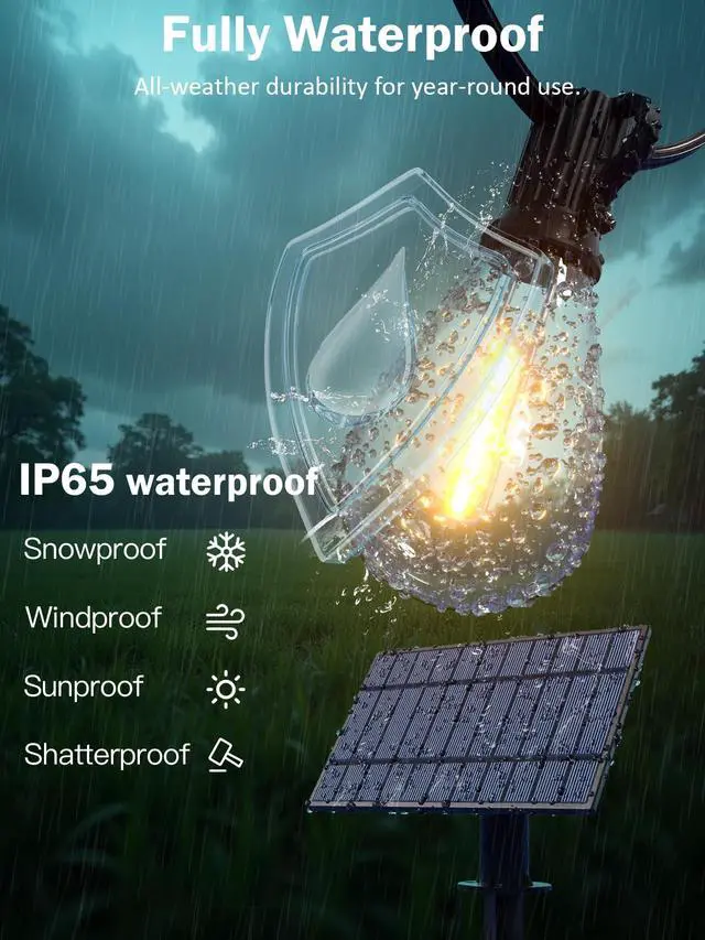 Alt view image 5 of 7 - 50FT Solar String Lights Outdoor, Dimmable Patio Lights Solar Powered with Remote & USB Port 18+1 LED Shatterproof Bulbs 3 Light Modes, Waterproof Solar Light for Camping Backyard Garden
