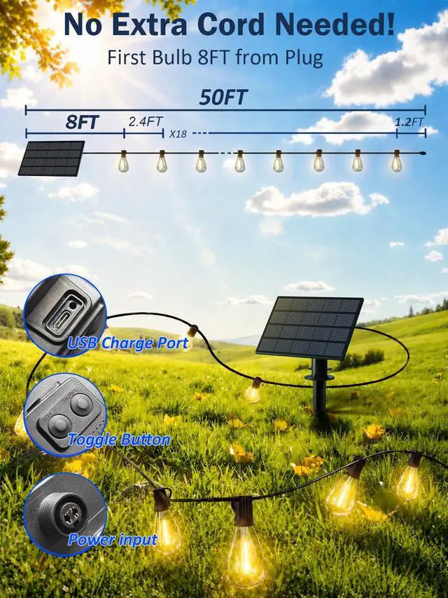 Alt view image 6 of 7 - 50FT Solar String Lights Outdoor, Dimmable Patio Lights Solar Powered with Remote & USB Port 18+1 LED Shatterproof Bulbs 3 Light Modes, Waterproof Solar Light for Camping Backyard Garden