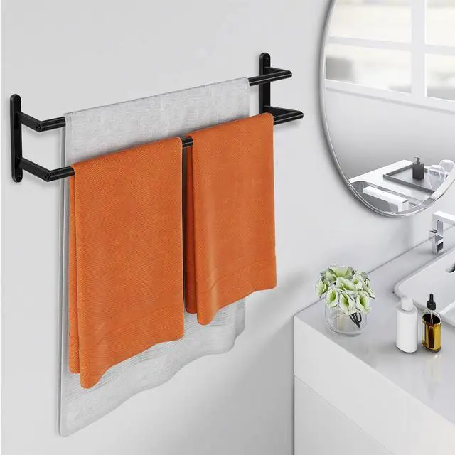 Alt view image 4 of 7 - Double Towel Bar, 24Inch Towel Rack for Bathroom, Stainless Steel Double Bath Towel Bar, Wall Mounted Towel Holder, Double Towel Rod Towel Rail Hanger for Wall, Kitchen (Matte Black)