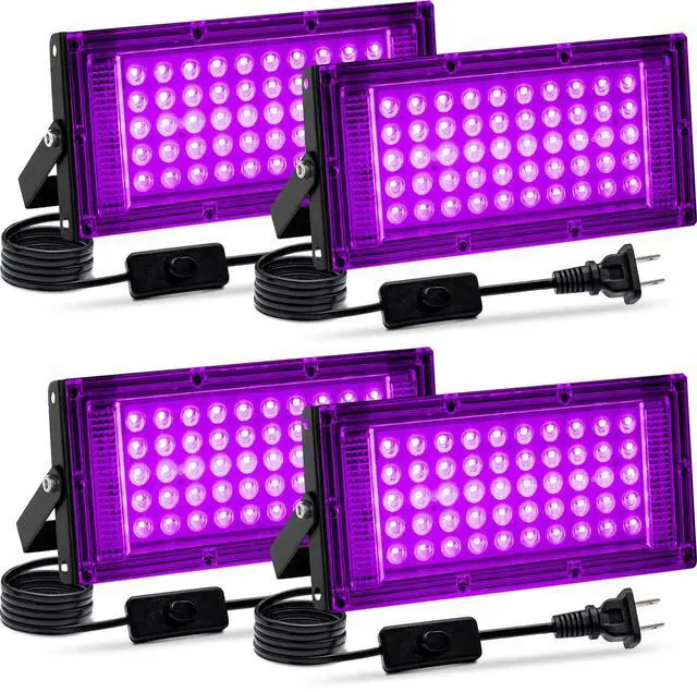 Main image of 4 Pack 50W Black Light, LED Blacklight Flood Light with US Plug and Switch, Black Lights for Glow Party,Halloween,Body Painting,Birthday Party,Fluorescent Painting and Fluorescent Tapestry
