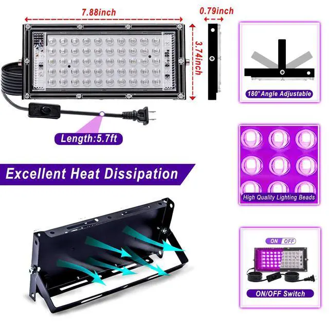 Alt view image 2 of 7 - 4 Pack 50W Black Light, LED Blacklight Flood Light with US Plug and Switch, Black Lights for Glow Party,Halloween,Body Painting,Birthday Party,Fluorescent Painting and Fluorescent Tapestry