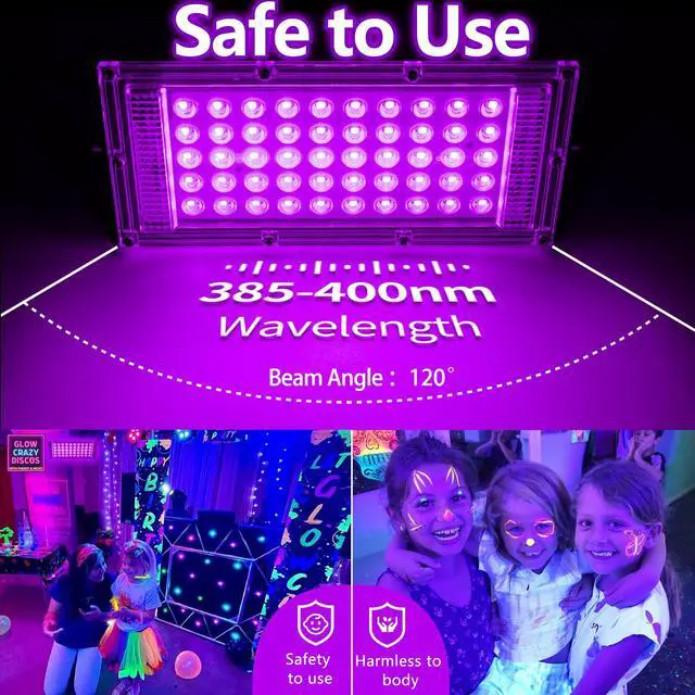 Alt view image 3 of 7 - 4 Pack 50W Black Light, LED Blacklight Flood Light with US Plug and Switch, Black Lights for Glow Party,Halloween,Body Painting,Birthday Party,Fluorescent Painting and Fluorescent Tapestry