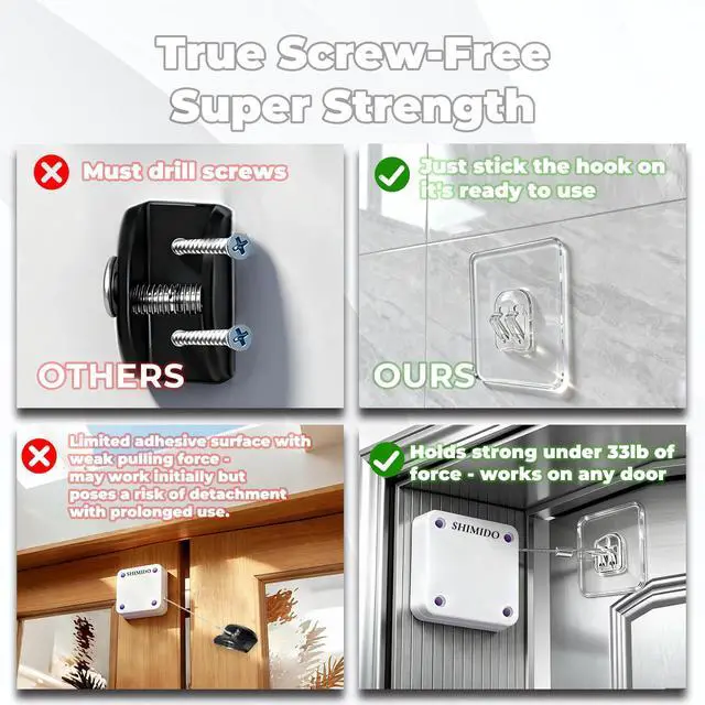 Alt view image 4 of 7 - Upgraded Punch-Free 1000g Automatic Screen Door Closer, Sliding Screen Auto Door Closer with Steel Drawstring for Bathroom, Bedroom, Study Room etc. (2 Pack White)