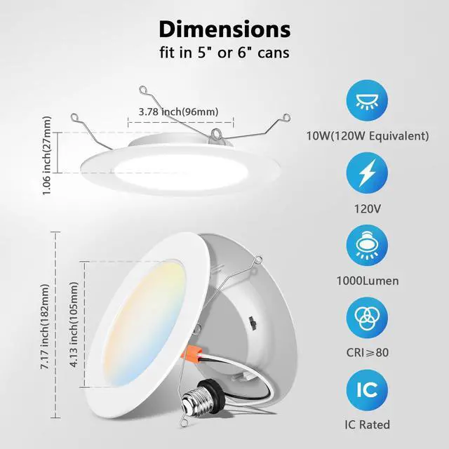 Alt view image 4 of 7 - Recessed Lighting 6 Inch, Recessed Lights Color Selectable 2700/3000/4000/5000/6000K 5CCT, 10W(120W Equivalent) Dimmable LED Can Lights with E26,LED Retrofit Recessed Light 6 Inch, 6 Pack