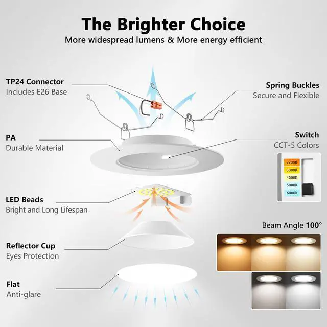 Alt view image 6 of 7 - Recessed Lighting 6 Inch, Recessed Lights Color Selectable 2700/3000/4000/5000/6000K 5CCT, 10W(120W Equivalent) Dimmable LED Can Lights with E26,LED Retrofit Recessed Light 6 Inch, 6 Pack