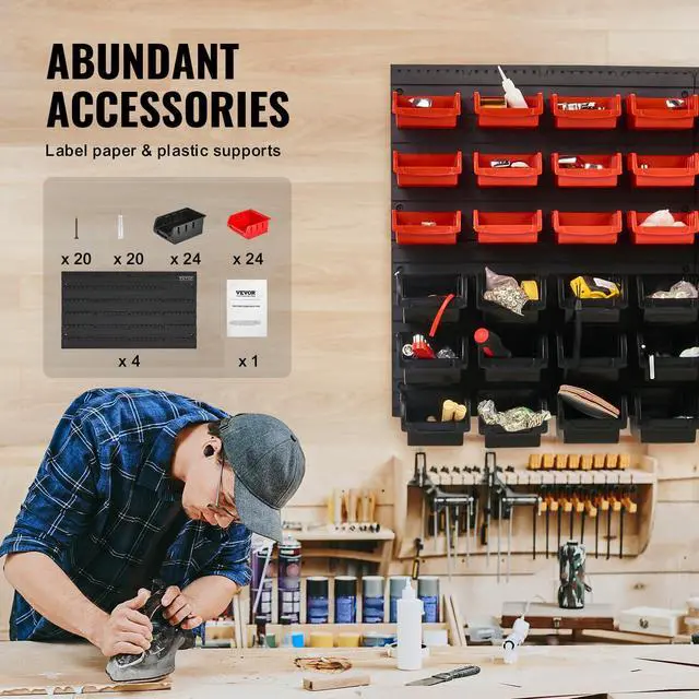 Alt view image 5 of 7 - 48-Bin Wall Mounted Storage Bins Parts Rack Organizer Garage Shop Tool Organizer for Screws, Nuts, Bolts, Nails, Beads, and Small Hardware Parts, With Wall Panels