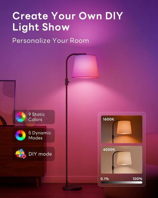 Alt view image 4 of 7 - LED Arc Floor Lamp, RGB Color Changing, 65", 350° Swivel Shade | Magnetic remote, 1600K amber & 4000K daylight, 0.1%-100% dimmable, 1200 lm, woven linen shade for living rooms & reading