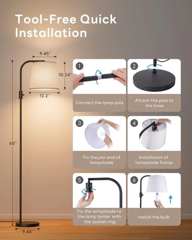 Alt view image 7 of 7 - LED Arc Floor Lamp, RGB Color Changing, 65", 350° Swivel Shade | Magnetic remote, 1600K amber & 4000K daylight, 0.1%-100% dimmable, 1200 lm, woven linen shade for living rooms & reading