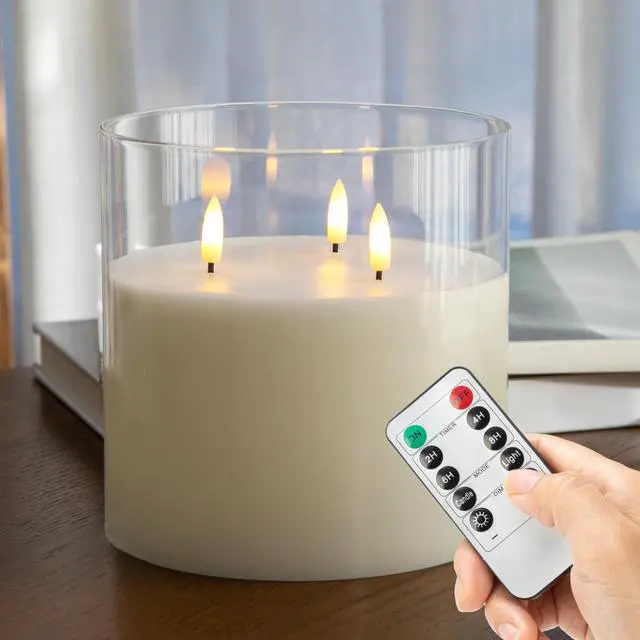 Main image of Extra Large Flameless Candles with 3 Wicks, 6"x6" Glass Battery Operated Candles with Remote, Real Wax Flickering LED Candles Fake Candle for Home, Wedding, Party, Clear