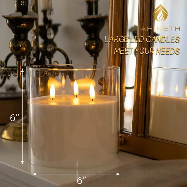 Alt view image 2 of 6 - Extra Large Flameless Candles with 3 Wicks, 6"x6" Glass Battery Operated Candles with Remote, Real Wax Flickering LED Candles Fake Candle for Home, Wedding, Party, Clear