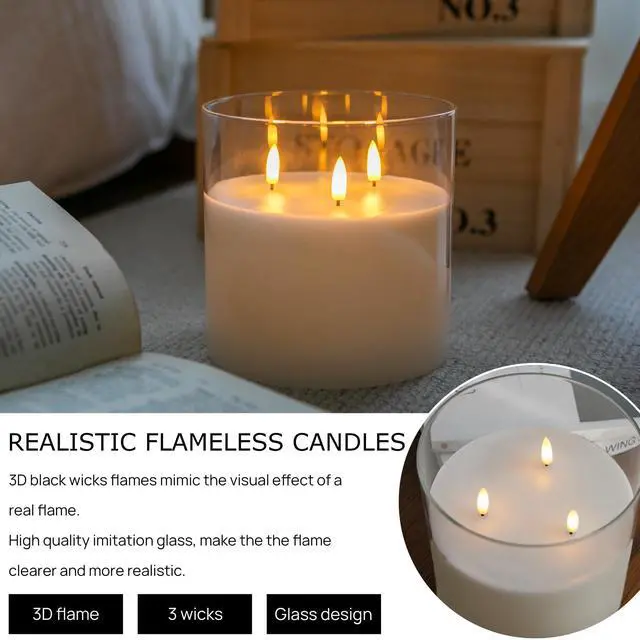 Alt view image 3 of 6 - Extra Large Flameless Candles with 3 Wicks, 6"x6" Glass Battery Operated Candles with Remote, Real Wax Flickering LED Candles Fake Candle for Home, Wedding, Party, Clear