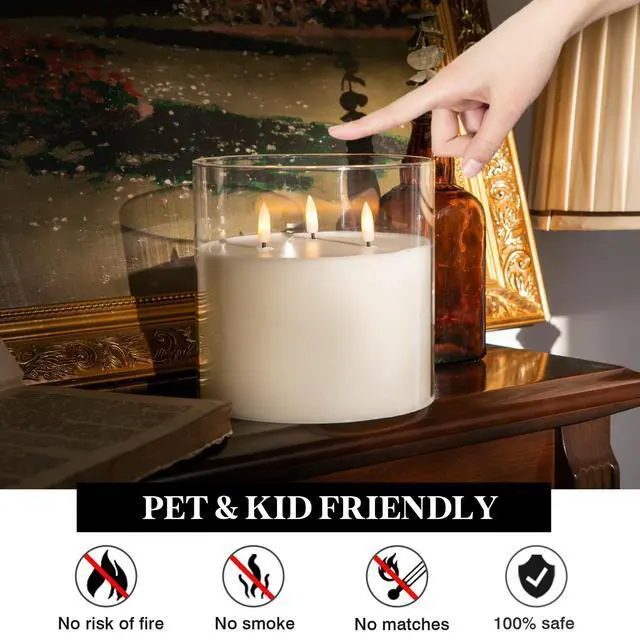Alt view image 4 of 6 - Extra Large Flameless Candles with 3 Wicks, 6"x6" Glass Battery Operated Candles with Remote, Real Wax Flickering LED Candles Fake Candle for Home, Wedding, Party, Clear