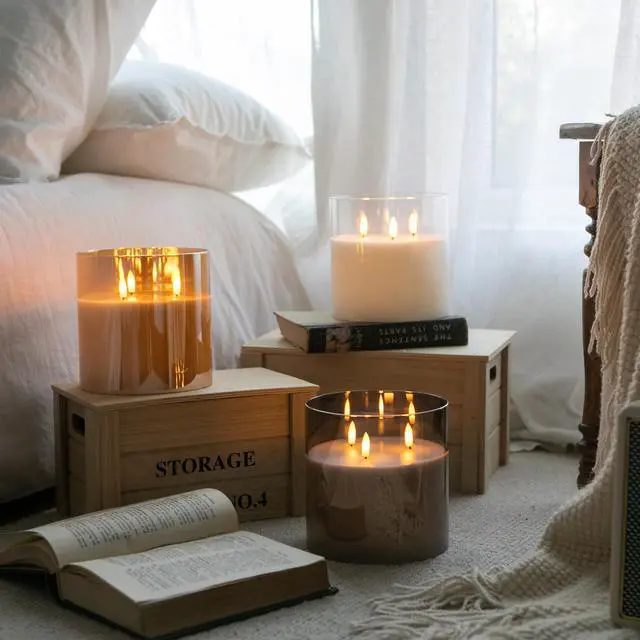 Alt view image 6 of 6 - Extra Large Flameless Candles with 3 Wicks, 6"x6" Glass Battery Operated Candles with Remote, Real Wax Flickering LED Candles Fake Candle for Home, Wedding, Party, Clear