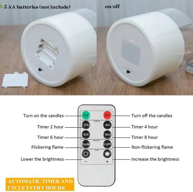 Alt view image 5 of 6 - Extra Large Flameless Candles with 3 Wicks, 6"x6" Glass Battery Operated Candles with Remote, Real Wax Flickering LED Candles Fake Candle for Home, Wedding, Party, Clear