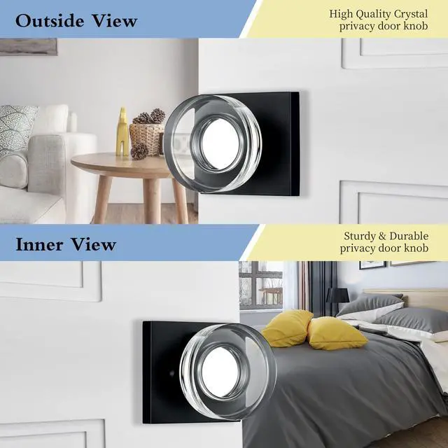 Alt view image 3 of 6 - Matte Black Door Knob Glass Door Knobs Interior Privacy Door Knobs with Lock for Bathroom and Bedroom Vintage Crystal Door Knobs