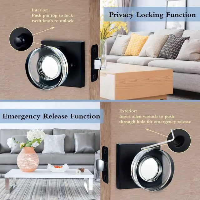 Alt view image 4 of 6 - Matte Black Door Knob Glass Door Knobs Interior Privacy Door Knobs with Lock for Bathroom and Bedroom Vintage Crystal Door Knobs