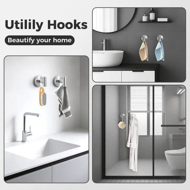 Alt view image 5 of 5 - Shower Hooks for Inside Shower,No-Drill Removable&Reusable Towel Hooks for Bathroom,Heavy Duty Suction Cup Hooks for Glass Window,4 Packs(Silver)