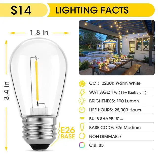 Alt view image 4 of 7 - S14 E26 LED 1W String Light Replacement Outdoor Bulbs, Warm White, 36-Pack | Shatterproof, Waterproof, 11W Equivalent Incandescent Edison Bulb, Non-Dimmable, for Patio Backyard Garden Cafe Bistro Deck