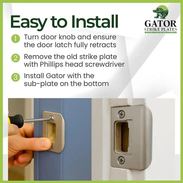 Alt view image 4 of 7 - Gator Door Strike Plate 2-1/4" Latch Restorer, Satin Nickel, 1-Pack | Fixes Misaligned & Won't-Latch Doors, No Chiseling, 2-1/4" x 1-3/4", Latch Restorer for Interior & Exterior Doors