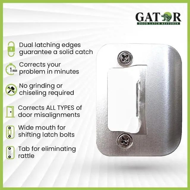 Alt view image 5 of 7 - Gator Door Strike Plate 2-1/4" Latch Restorer, Satin Nickel, 1-Pack | Fixes Misaligned & Won't-Latch Doors, No Chiseling, 2-1/4" x 1-3/4", Latch Restorer for Interior & Exterior Doors