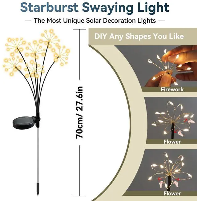 Alt view image 2 of 7 - Solar Garden Lights 2 Pack Waterproof Swaying Starburst Lights Warm White | Outdoor Firework Lights Solar Lights for Yard Patio Walkway Pathway Party Wedding Decoration, Unique Gifts for Women