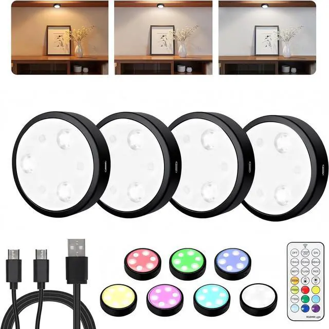 Main image of Puck Lights with Remote, 2000mAh Battery Operated Rechargeable Under Cabinet Lighting, 3 Color Temps & 7 RGB Colors, Magnetic Closet Light, Black Wireless Puck Light for Kitchen, Shelf