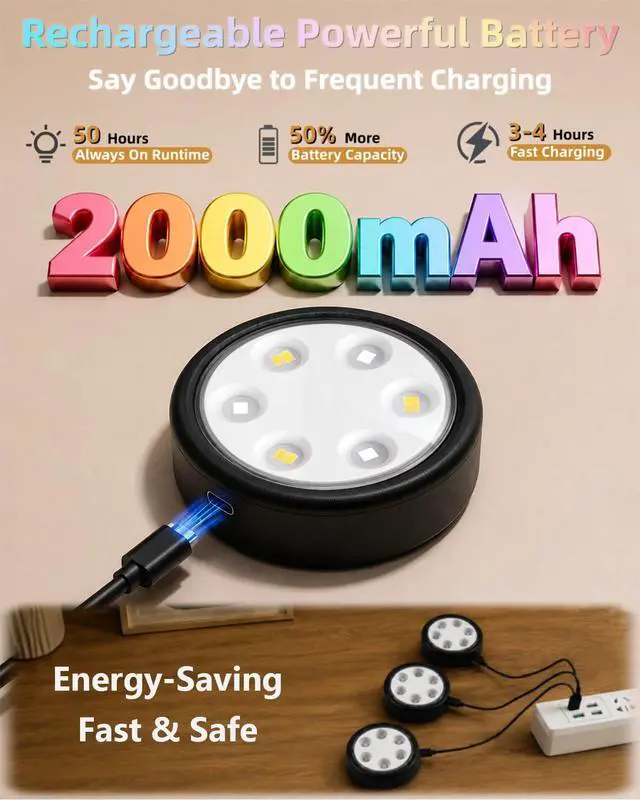 Alt view image 3 of 7 - Puck Lights with Remote, 2000mAh Battery Operated Rechargeable Under Cabinet Lighting, 3 Color Temps & 7 RGB Colors, Magnetic Closet Light, Black Wireless Puck Light for Kitchen, Shelf