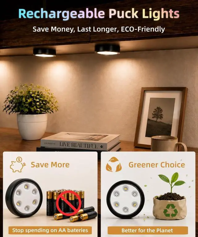 Alt view image 2 of 7 - Puck Lights with Remote, 2000mAh Battery Operated Rechargeable Under Cabinet Lighting, 3 Color Temps & 7 RGB Colors, Magnetic Closet Light, Black Wireless Puck Light for Kitchen, Shelf