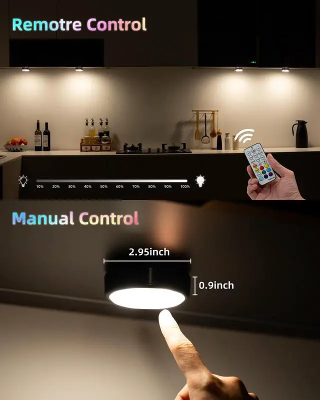 Alt view image 4 of 7 - Puck Lights with Remote, 2000mAh Battery Operated Rechargeable Under Cabinet Lighting, 3 Color Temps & 7 RGB Colors, Magnetic Closet Light, Black Wireless Puck Light for Kitchen, Shelf
