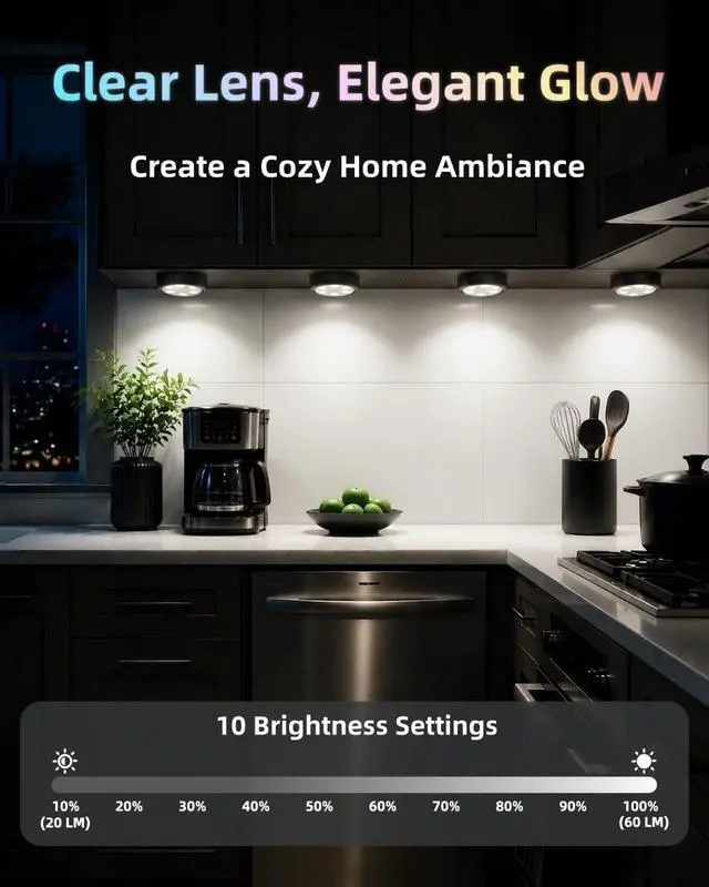 Alt view image 5 of 7 - Puck Lights with Remote, 2000mAh Battery Operated Rechargeable Under Cabinet Lighting, 3 Color Temps & 7 RGB Colors, Magnetic Closet Light, Black Wireless Puck Light for Kitchen, Shelf