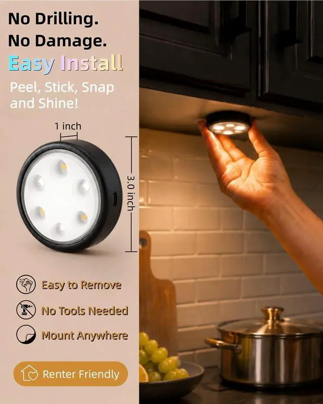Alt view image 7 of 7 - Puck Lights with Remote, 2000mAh Battery Operated Rechargeable Under Cabinet Lighting, 3 Color Temps & 7 RGB Colors, Magnetic Closet Light, Black Wireless Puck Light for Kitchen, Shelf